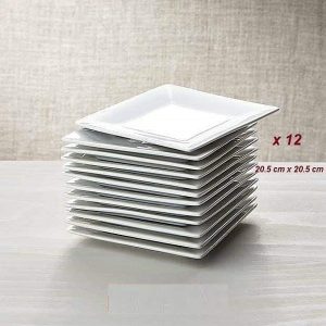 Ensemble De 12 Assiettes Carrées En Porcelaine Blanche 20.5cm